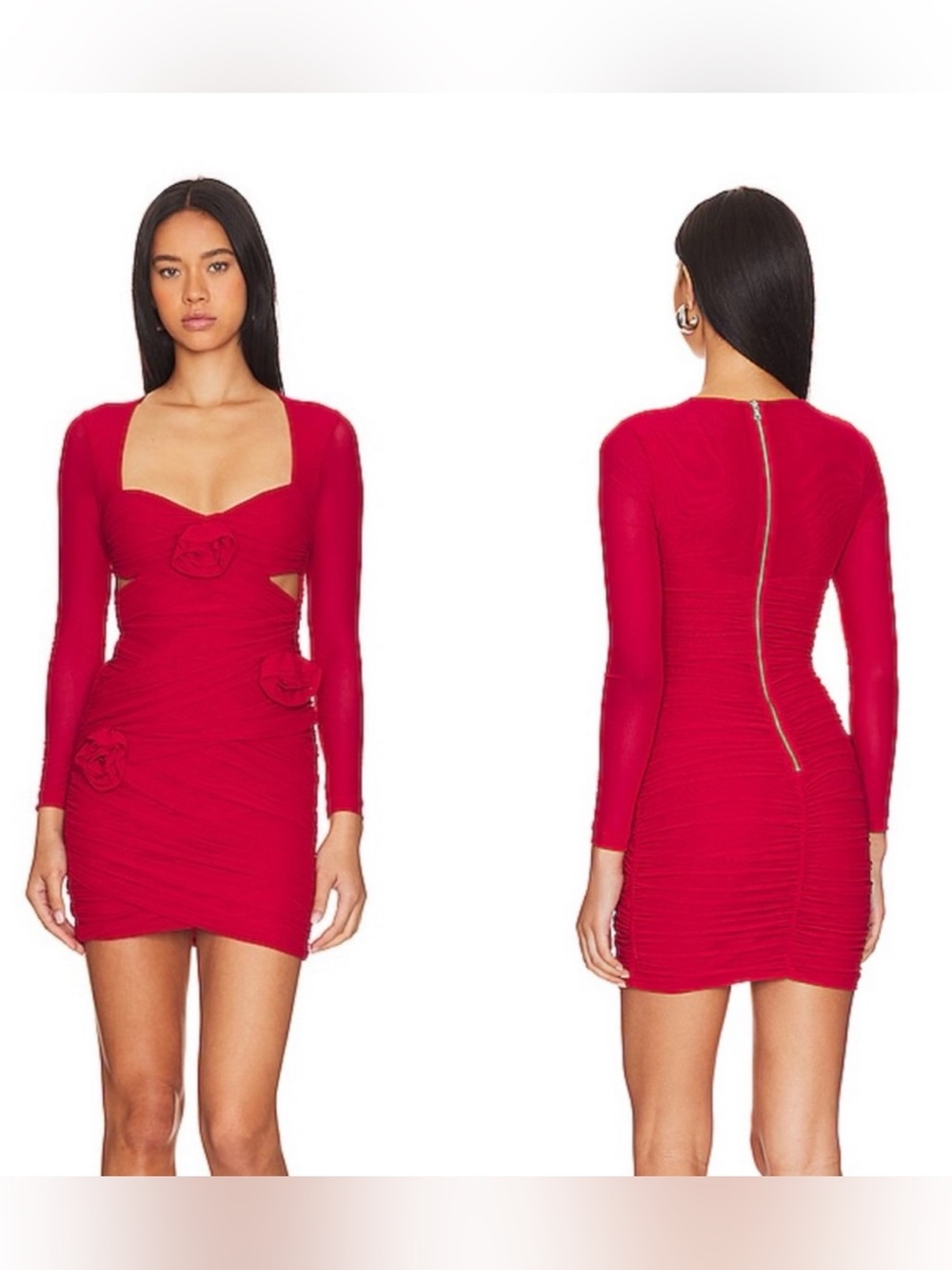 Bardot Pippa Dress Small Red Mesh Ruched Floral Cutout Mini Dress